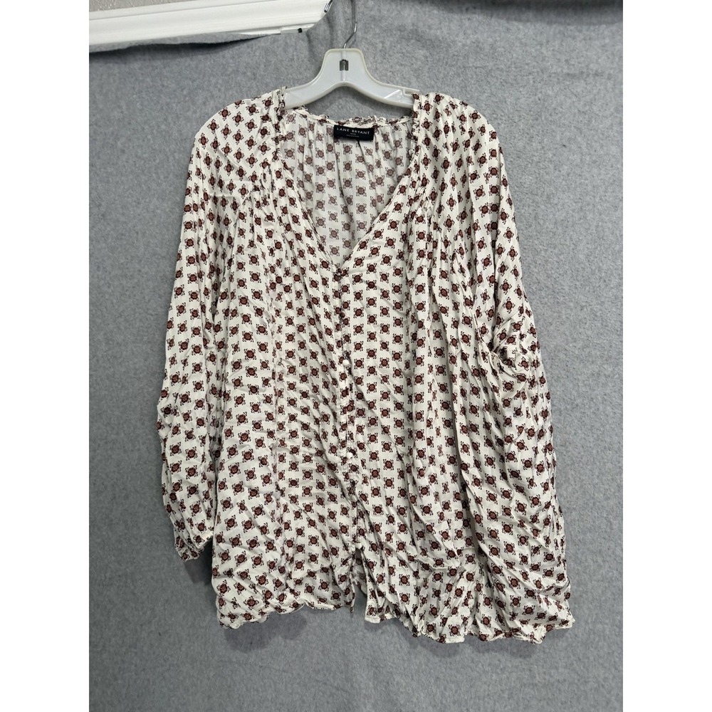 Lane Bryant Blouse Womens 26/28 White Floral V Neck Long Sleeve Boho Tunic Top